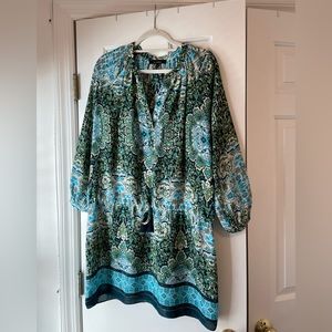 Olivaceous fun pattern drawstring waist mini dress